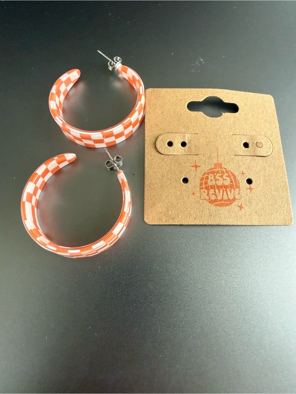 Orange & White Check Hoop Earrings - Picture 3 of 3